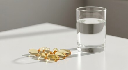 Still life of clear glass water and golden pills on white table in sunlight
