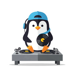 Cute cartoon penguin DJ playing music on turntables wearing headphones and a baseball cap.