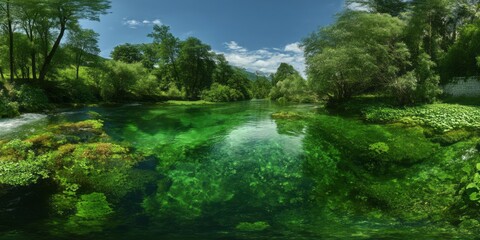 Obraz premium Panoramic hdr nature landscape scenic river lush green environment hdri view