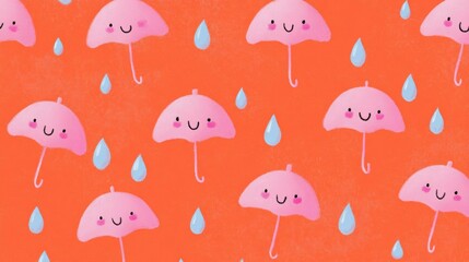 Seamless pattern of pink umbrellas with small blue raindrops scattered throughout. the background is a solid orange color, and the umbrellases are arranged in a repeating pattern.