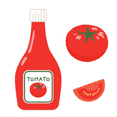 トマトケチャップとカットされたトマトのベクターイラスト。
