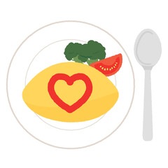 オムライス（omelette rice）のかわいいイラスト。ケチャップでデコレーションしたオムライスのアイコン。スプーンとお皿。