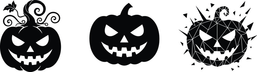Halloween jack-o'-lantern silhouette set with curly vines, geometric shards, mischievous faces, spooky pumpkin designs, black vector clipart, festive icons, seasonal illustration pack