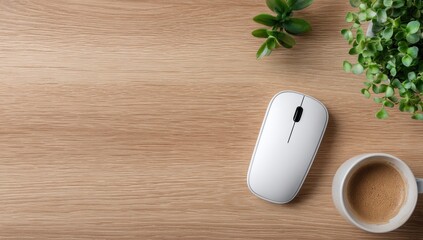 Workspace with mouse, coffee, and plants