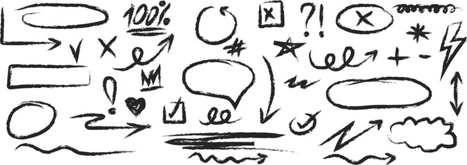 Hand drawn doodle elements arrows checkmarks ovals speech bubbles underlines and Doodle charcoal stroke emphases, arrow, highlight, speech bubble elements. Marker, pen brush stroke. Vector illustrator