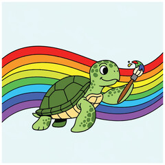 Fototapeta premium Cute Green Turtle Painting a Vibrant Rainbow with a Brush.