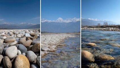 Riverbed landscape split in three views