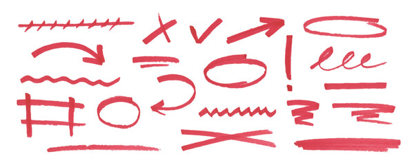 Collection of red marker lines for underlining and highlighting text. Hand drawn texture scribble pen stroke. Curved doodles for design sketch, banner, collage and note.