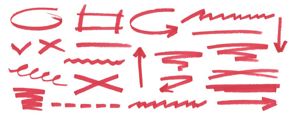 Collection of red marker lines for underlining and highlighting text. Hand drawn texture scribble pen stroke. Curved doodles for design sketch, banner, collage and note.