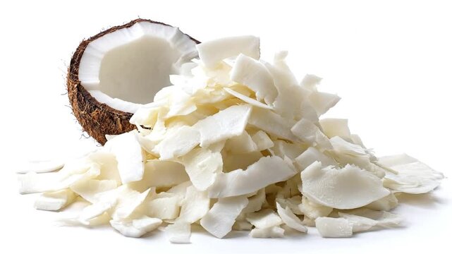This video features a close-up view of a fresh, cracked coconut half revealing its pristine white flesh, accompanied by a generous pile of large, irregularly shaped coconut flakes. The bright, clean w