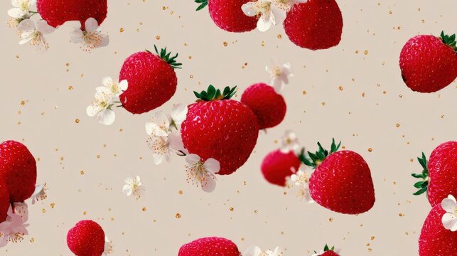 Seamless pattern of red strawberries with green leaves and white flowers scattered throughout. the strawberries are arranged in a scattered manner, with some overlapping each other.