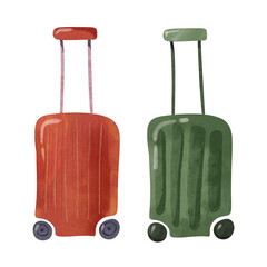 Pair of colorful suitcases in green and red with wheels and handles. Perfect for kids' books, travel themes, or nursery decor. Ideal for playful designs or educational illustrations © Nataliia