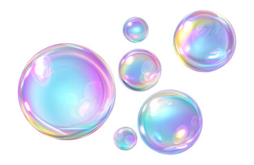 Iridescent soap bubbles with rainbow reflections, floating and transparent, isolated on transparent background
