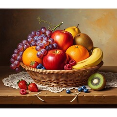 Still Life with Fruit Basket - A Colorful and Nutritious Display.