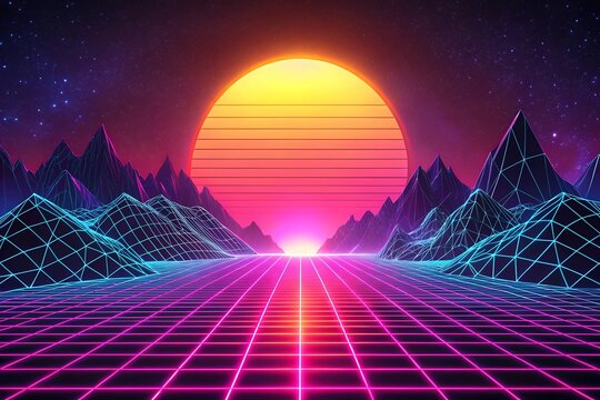 Retro futuristic landscape with neon grid and mountains