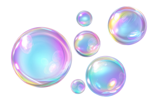 Iridescent soap bubbles with rainbow reflections, floating and transparent, isolated on transparent background