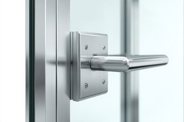 A close-up view of a sleek, modern metallic door handle on a glass door, highlighting its design and functionality