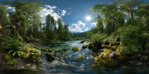 Panoramic hdr view of lush forest and river landscape nature scenic environment