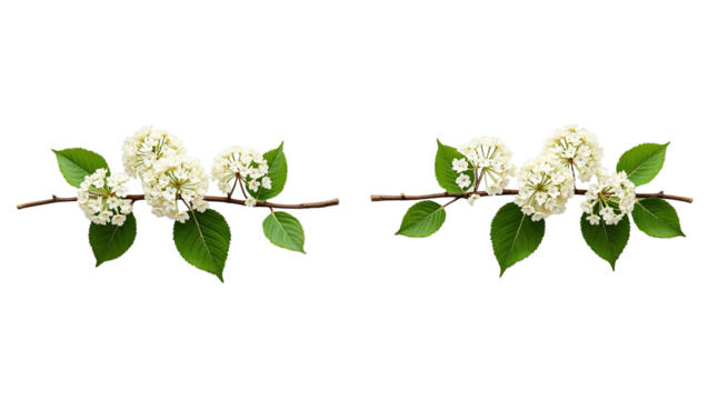 Elegant spring flower border with white blossoms and green leaves. Symmetrical branch divider isolated on transparent