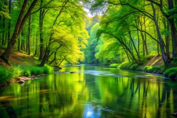 Fototapeta premium A tranquil river reflects the vibrant green forest in the sunlight