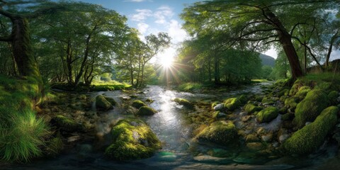 Obraz premium Serene stream flowing through lush forest hdr panoramic landscape view