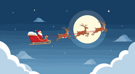 Santa Claus Riding His Sleigh with Reindeer Over the Moonlit Sky Christmas Eve