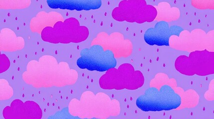 Seamless pattern of pink and blue clouds on a purple background. the clouds are scattered randomly across the image, with some overlapping each other.