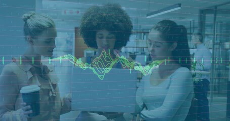 Discussing three office colleagues reviewing laptop data over coffee in office, with data overlay