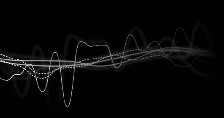 Displaying overlapping waveform lines across black canvas, with thin solid, dashed, dotted peaks