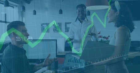 Collaborating team analyzing charts on laptop and monitors in open-plan office, growth overlay