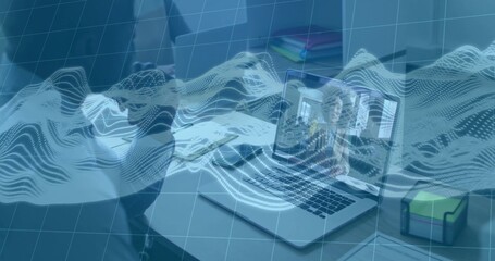 Joining remote meeting, professional holding smartphone and typing on laptop in office, copy space