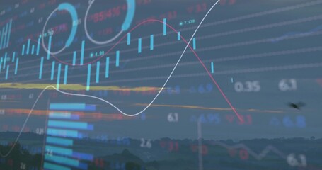 Overlay displaying financial data over rural horizon at dusk with candlestick bars and trend lines