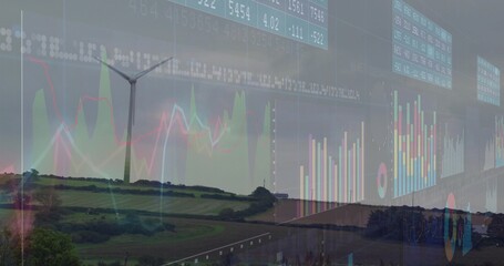 Displaying wind turbine in fields with colored line charts, bar and pie charts, numeric tickers