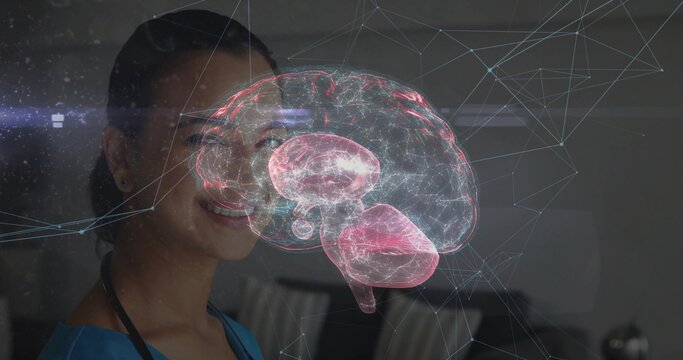 Observing doctor interacting with holographic brain in research lab, with stethoscope, copy space - Powered by Adobe