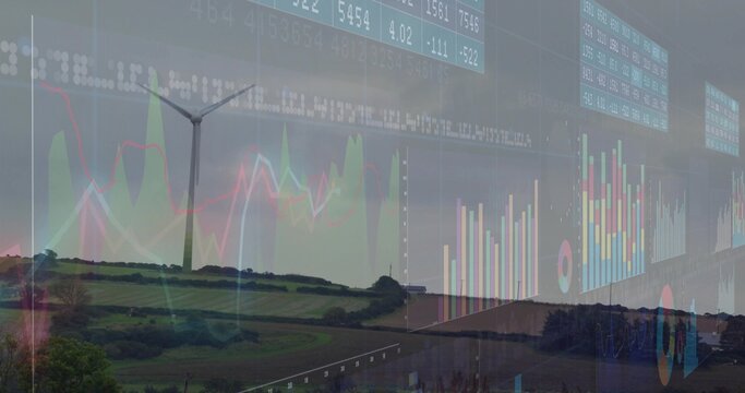 Displaying wind turbine in fields with colored line charts, bar and pie charts, numeric tickers