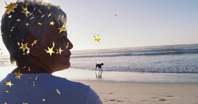 Standing woman wearing T-shirt facing horizon on beach, with dog walking, star overlay, copy space - Powered by Adobe