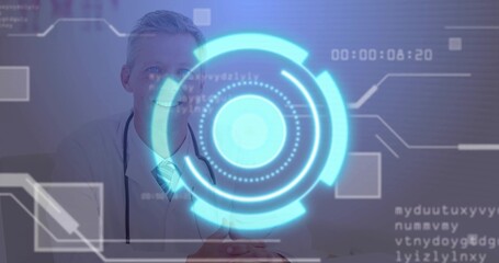 Sitting white coat doctor reviewing holographic data at desk in clinic room, with stethoscope