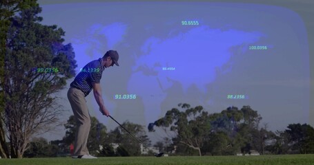 Standing golfer wearing navy polo addressing golf ball on tee box, driver and world map overlay