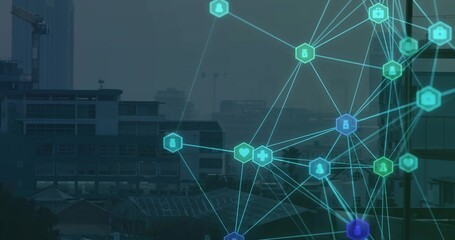 Displaying digital network overlay over city skyline, with hexagon nodes and medical icons