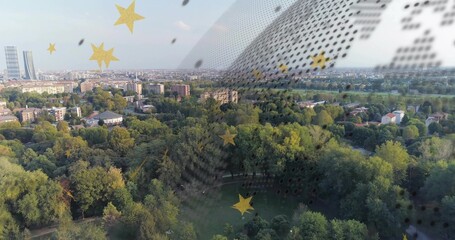 Displaying cityscape from elevated view over park and homes, with dotted mesh, yellow star graphics
