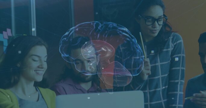 Four colleagues viewing laptop projecting brain hologram in office meeting room, wearing cardigan - Powered by Adobe