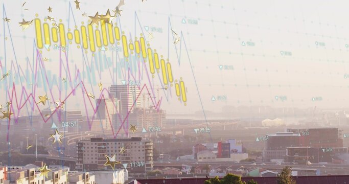 Displaying translucent overlay with candlesticks line graphs over urban skyline, with times symbols