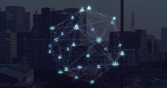 Hovering holographic network globe above city roof at dusk, with nodes, lines and icons