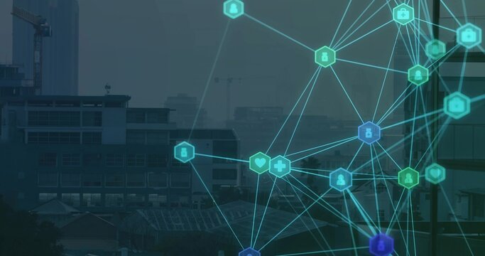 Displaying digital network overlay over city skyline, with hexagon nodes and medical icons