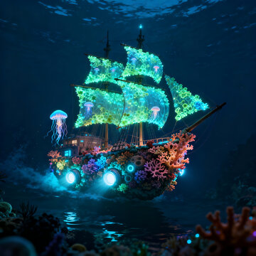 Fantasy glowing underwater ship with jellyfish and coral lights

