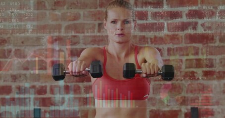 Lifting female model raising black hex dumbbells shoulder-level in gym space, with digital overlays