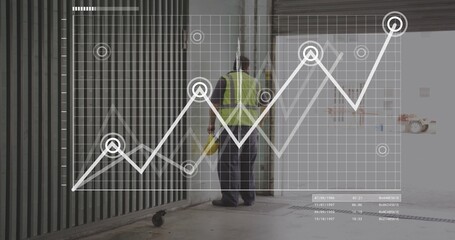 Warehouse worker wearing safety vest prying open container doors in loading bay, data overlay