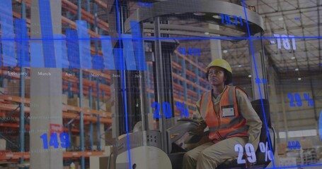 Worker in hard hat and safety vest steering control in warehouse, with digital graphics, copy space