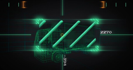Displaying neon green wireframe cargo truck in HUD interface, with glowing support bars