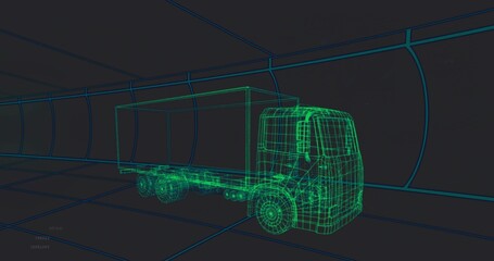 Rendering green wireframe semi-truck moving through virtual 3D tunnel, with blue grid environment